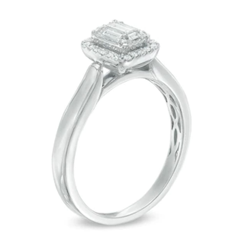 0.25 CT. T.W. Baguette and Round Composite Diamond Rectangle Frame Bold Engagement Ring in 10K White Gold|Peoples Jewellers