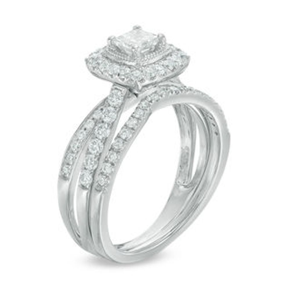 0.96 CT. T.W. Princess-Cut Diamond Frame Crossover Shank Bridal Set in 14K White Gold|Peoples Jewellers