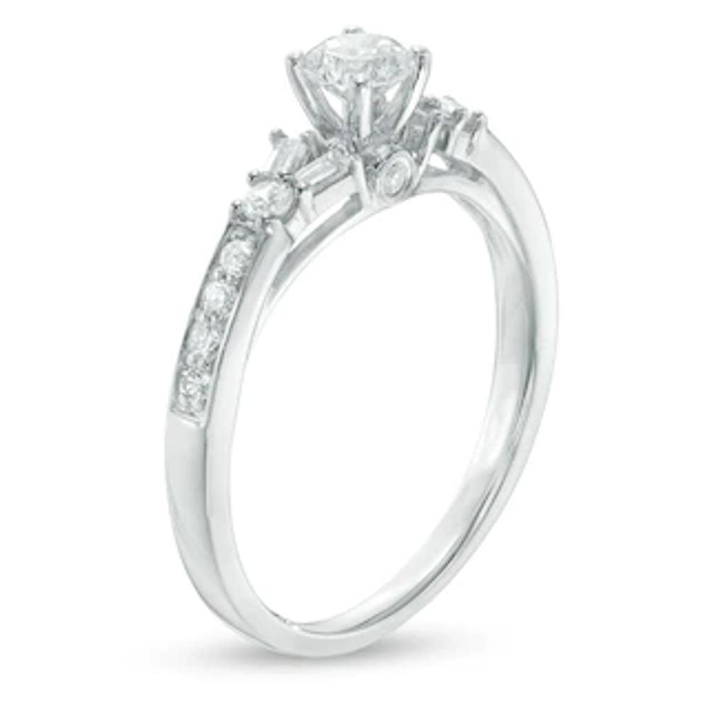 0.66 CT. T.W. Baguette and Round Diamond Split Shank Engagement Ring in 14K White Gold|Peoples Jewellers