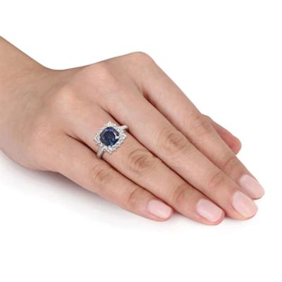 8.0mm Cushion-Cut Lab-Created Blue and White Sapphire and Diamond Accent Frame Ring in Sterling Silver|Peoples Jewellers
