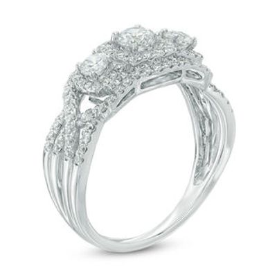 0.95 CT. T.W. Certified Canadian Diamond Three Stone Frame Engagement Ring in 14K White Gold (I/I2)|Peoples Jewellers