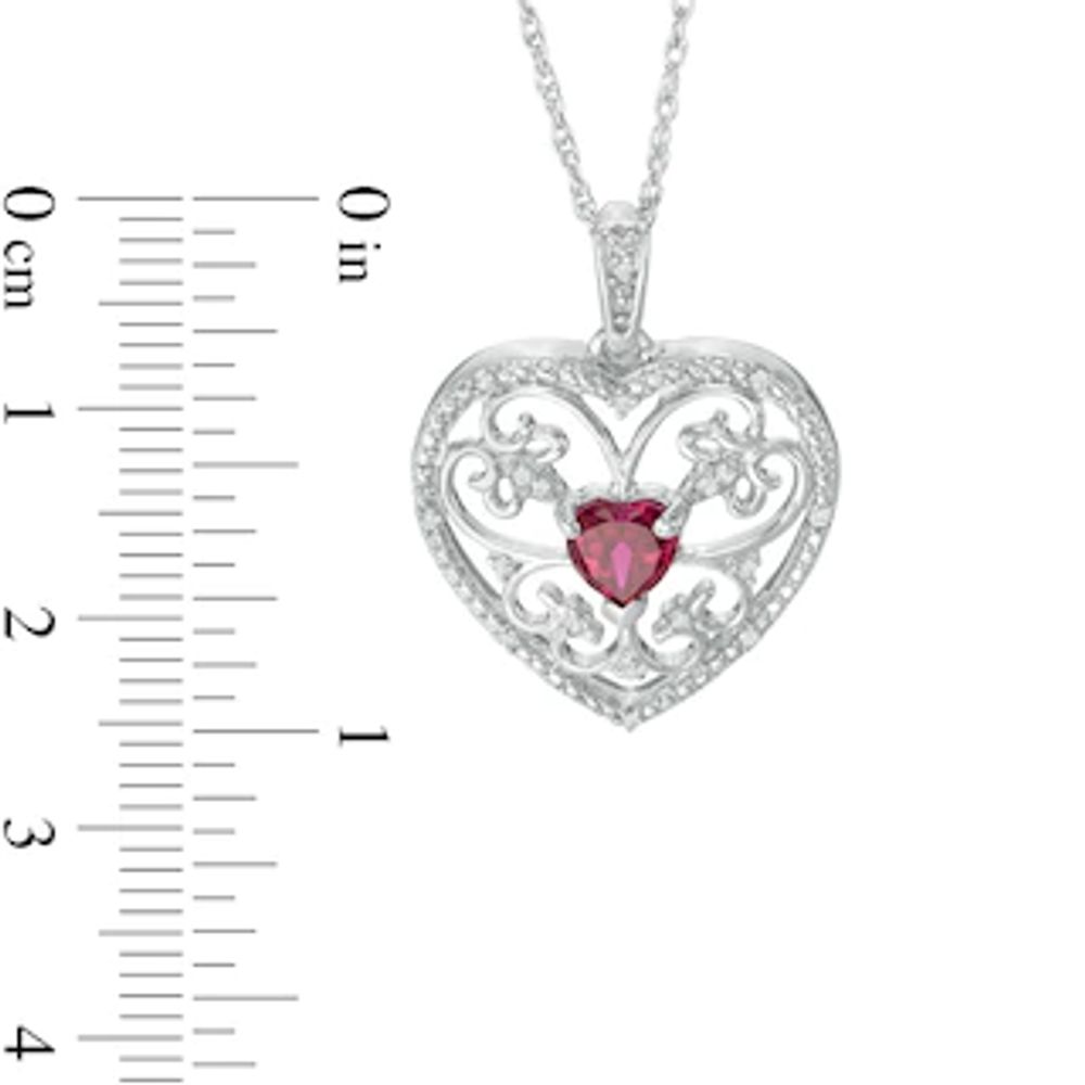 5.5mm Heart-Shaped Lab-Created Ruby and Diamond Accent Scroll Heart Pendant in Sterling Silver|Peoples Jewellers