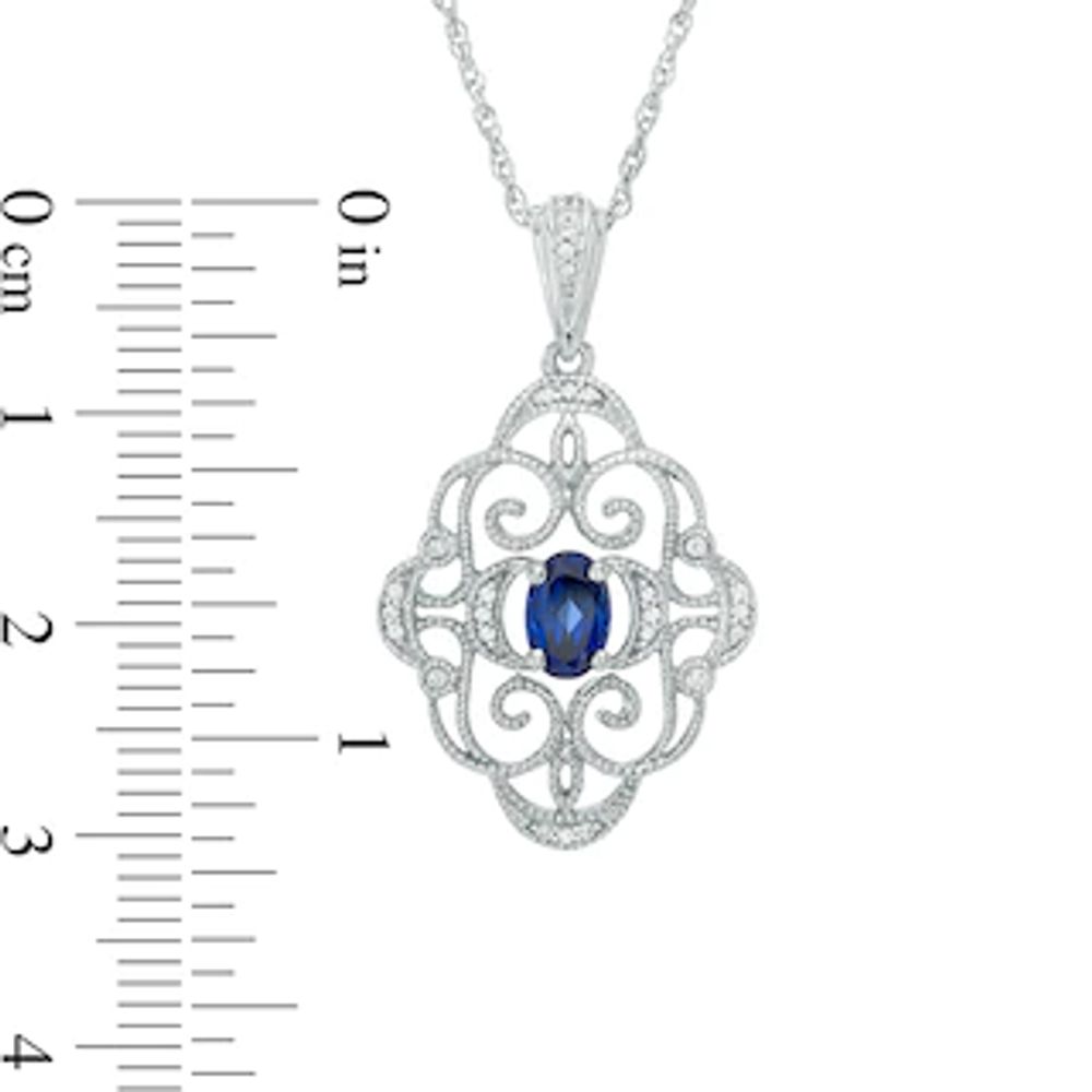 Oval Lab-Created Blue Sapphire and Diamond Accent Vintage-Style Pendant in Sterling Silver|Peoples Jewellers