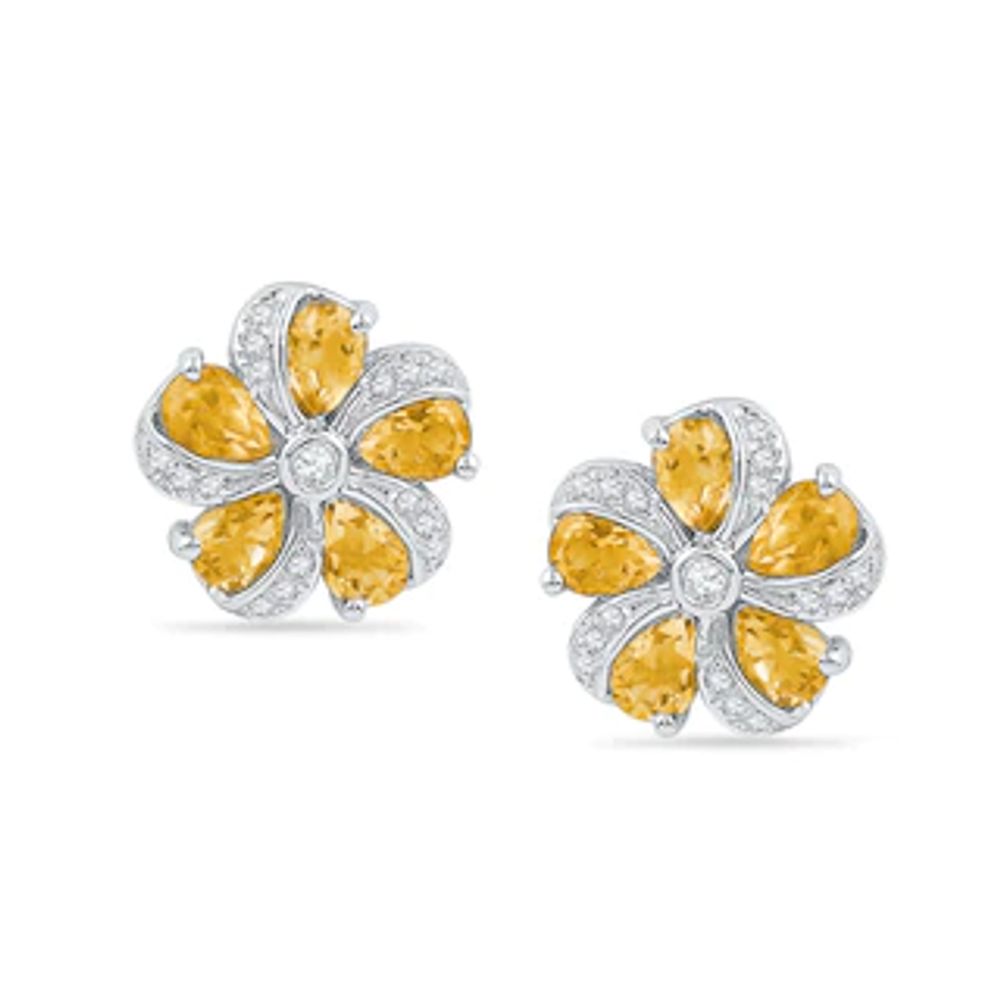 Pear-Shaped Citrine and 0.09 CT. T.W. Diamond Pinwheel Flower Stud Earrings in Sterling Silver|Peoples Jewellers