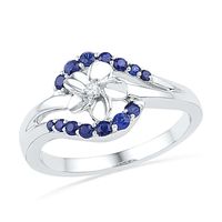 Lab-Created Blue Sapphire and Diamond Accent Flower Bypass Ring in Sterling Silver|Peoples Jewellers