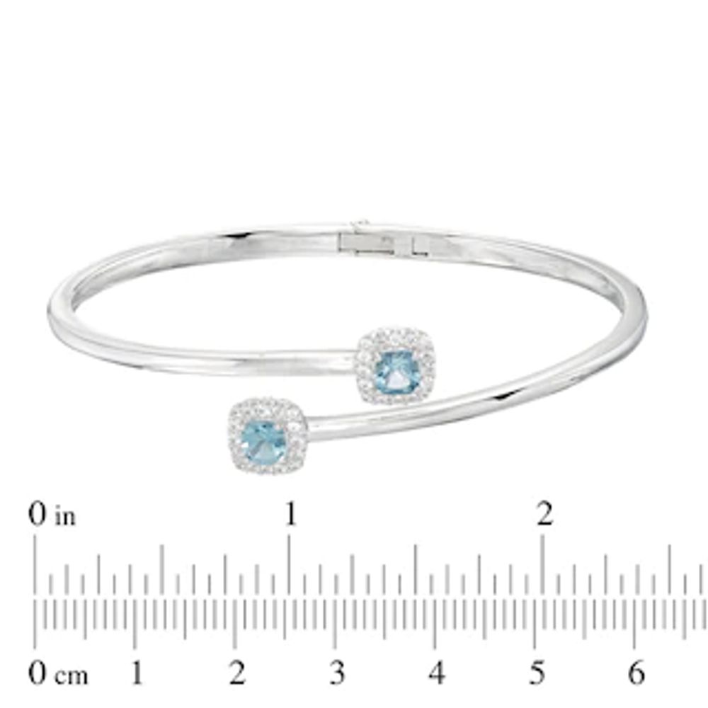 5.0mm Cushion-Cut Swiss Blue Topaz and Lab-Created White Sapphire Hinged Bypass Bangle in Sterling Silver - 7.25"|Peoples Jewellers