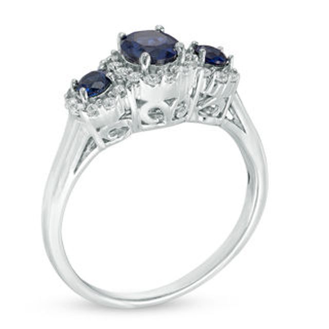 5.0mm Lab-Created Blue and White Sapphire Frame Three Stone Ring in 10K White Gold|Peoples Jewellers