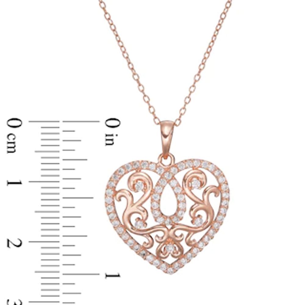 Lab-Created White Sapphire Scroll Heart Pendant in Sterling Silver with 18K Rose Gold Plate|Peoples Jewellers