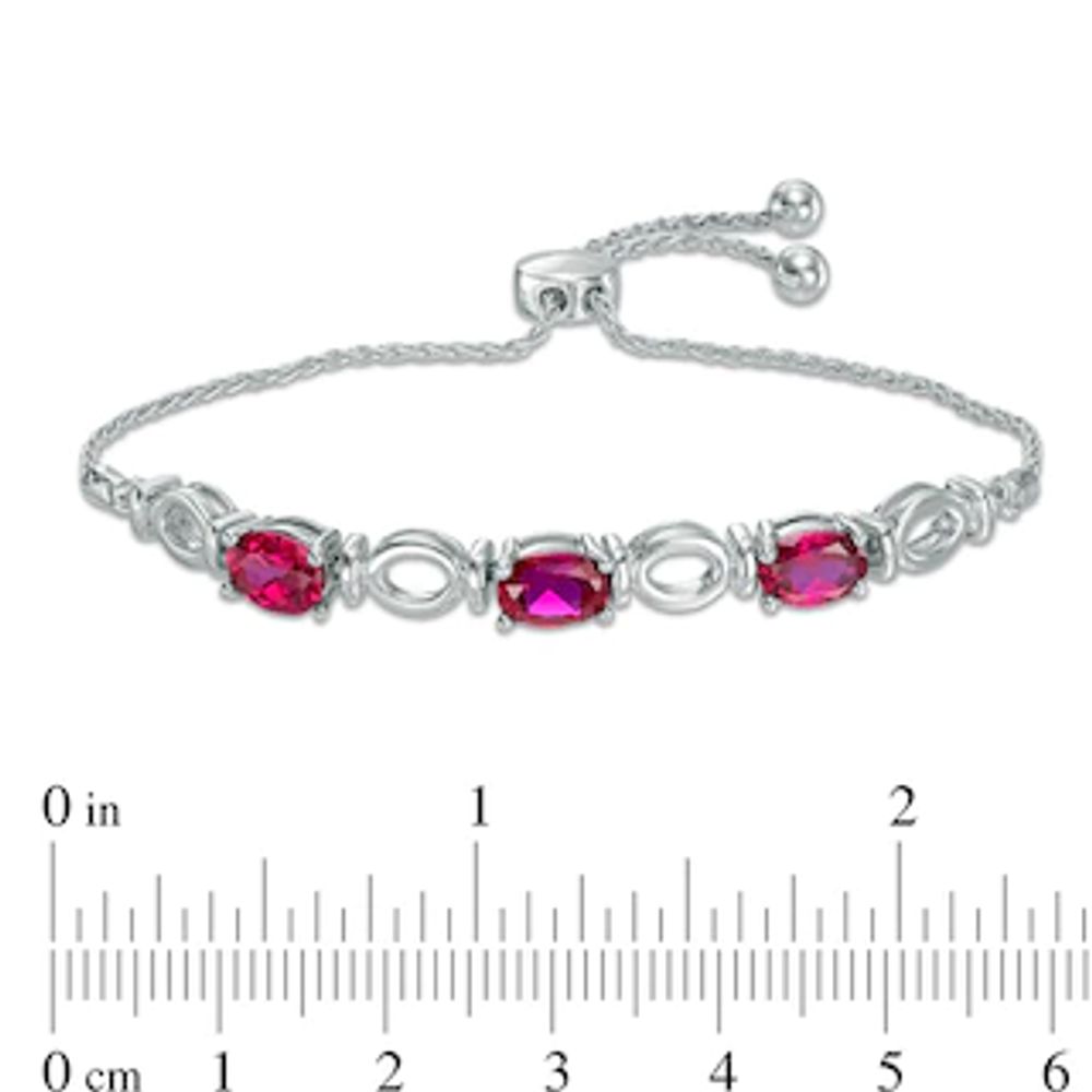 Oval Lab-Created Ruby Three Stone Bolo Bracelet in Sterling Silver - 9.5"|Peoples Jewellers