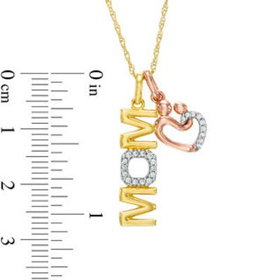 0.10 CT. T.W. Diamond Vertical "MOM" and Motherly Love Heart Pendant in 10K Tri-Tone Gold|Peoples Jewellers