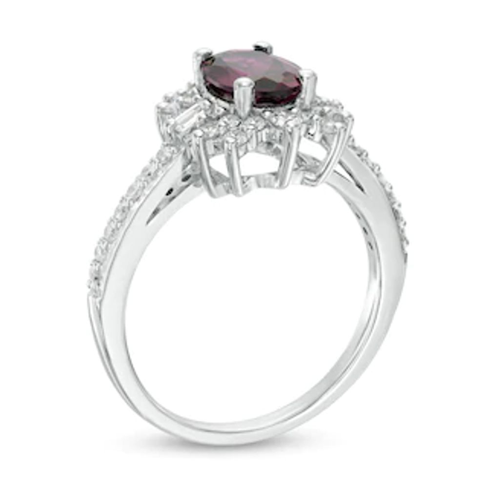 Oval Rhodolite Garnet and Lab-Created White Sapphire Starburst Frame Ring in 10K White Gold|Peoples Jewellers