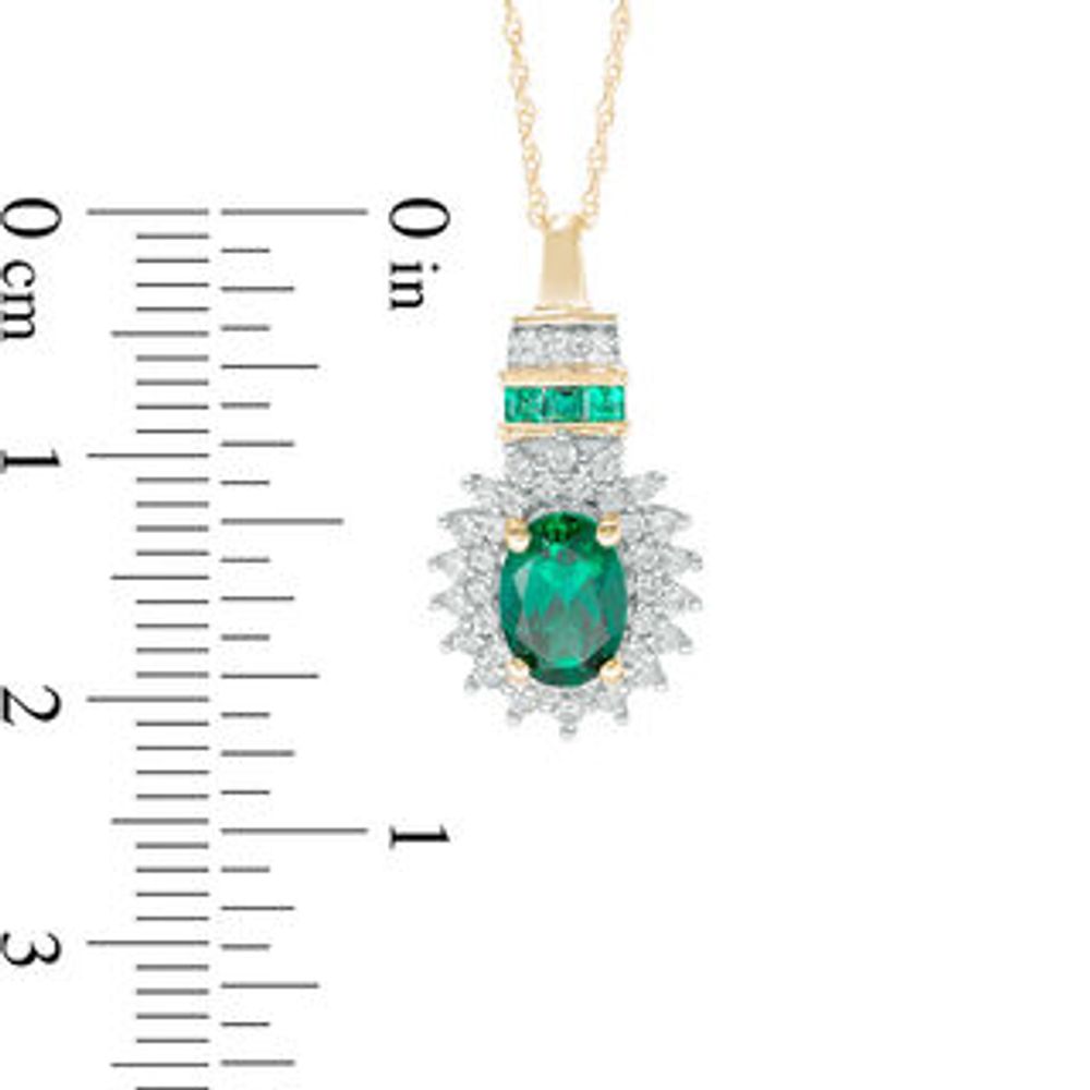 Oval Lab-Created Emerald and White Sapphire Sunburst Frame Pendant in 10K Gold|Peoples Jewellers