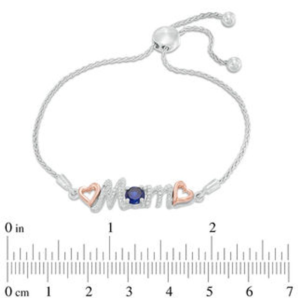 5.0mm Lab-Created Blue Sapphire and Diamond Accent "Mom" Bolo Bracelet in Sterling Silver and 10K Rose Gold - 9.5"|Peoples Jewellers