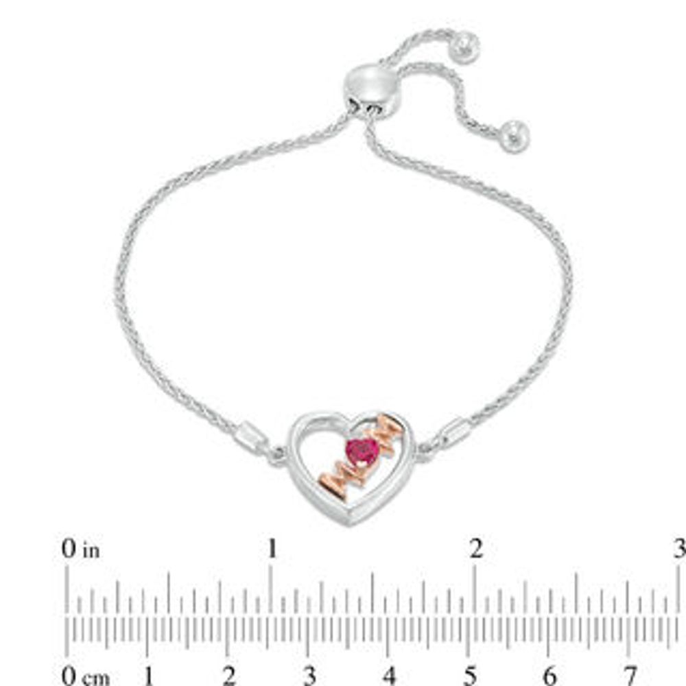 4.0mm Lab-Created Ruby Tilted Heart with "MOM" Bolo Bracelet in Sterling Silver and 10K Rose Gold - 9.5"|Peoples Jewellers