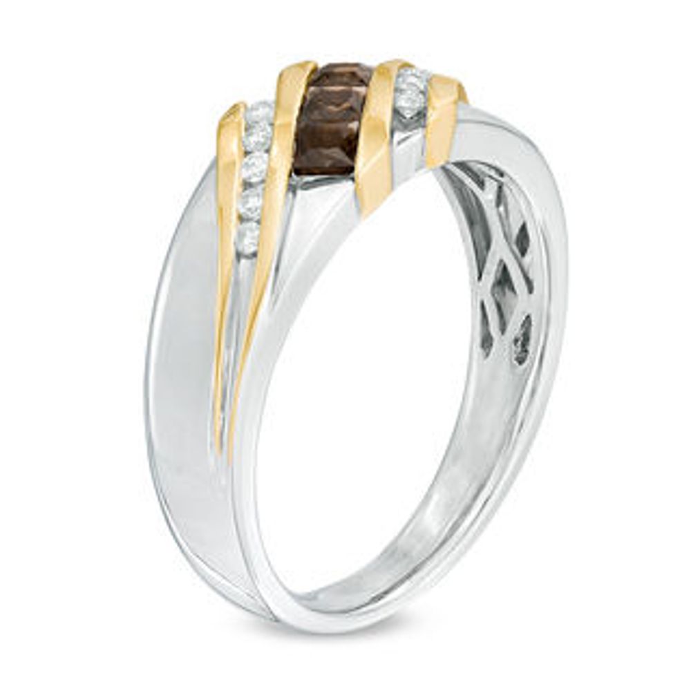 Men's Smoky Quartz and 0.15 CT. T.W. Diamond Three Stone Slant Band in 10K Two-Tone Gold|Peoples Jewellers