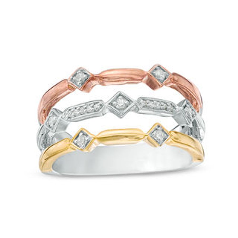 0.09 CT. T.W. Diamond Alternating Geometric Three Row Ring in 10K Tri-Tone Gold|Peoples Jewellers