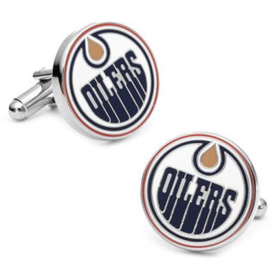 Men's NHL Edmonton Oilers Logo Enamel Cuff Links in White Rhodium Brass|Peoples Jewellers