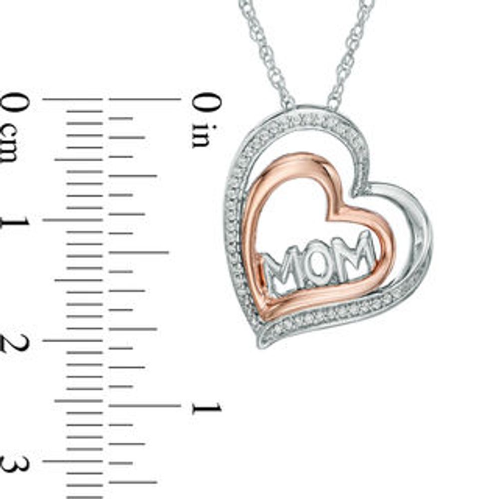 0.10 CT. T.W. Diamond "MOM" Tilted Double Heart Pendant in Sterling Silver and 10K Rose Gold|Peoples Jewellers