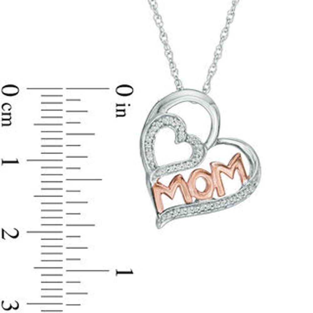 0.09 CT. T.W. Diamond "MOM" Tilted Double Heart Pendant in Sterling Silver and 10K Rose Gold|Peoples Jewellers