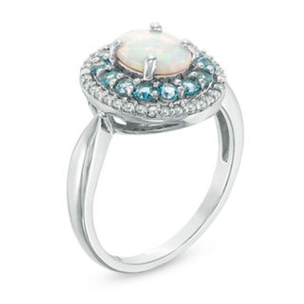 Oval Lab-Created Opal, White Sapphire and Blue Topaz Double Frame Ring in Sterling Silver|Peoples Jewellers