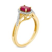 Oval Lab-Created Ruby and 0.13 CT. T.W. Diamond Frame Split Shank Ring in 10K Gold|Peoples Jewellers