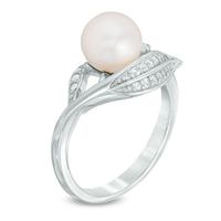 7.5-8.0mm Freshwater Cultured Pearl and Lab-Created White Sapphire Leaf Ring in Sterling Silver|Peoples Jewellers