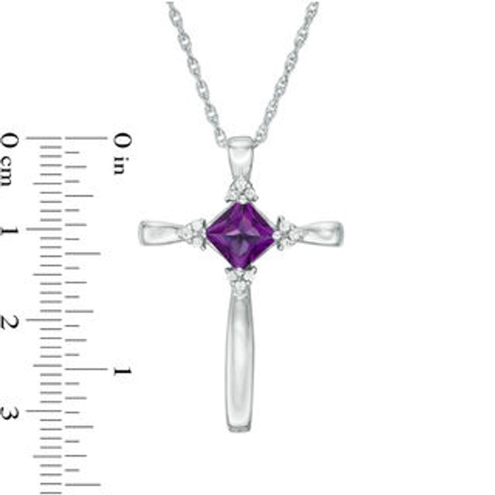 5.0mm Princess-Cut Amethyst and Diamond Accent Tri-Sides Cross Pendant in Sterling Silver|Peoples Jewellers