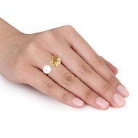8.0-8.5mm Freshwater Cultured Pearl and Cushion-Cut Lemon Quartz Doublet Open Ring in Sterling Silver with Rose Rhodium|Peoples Jewellers