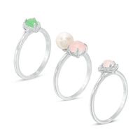 Cultured Freshwater Pearl and Green and Rose Quartz with White Topaz Three Piece Stackable Ring Set in Sterling Silver|Peoples Jewellers
