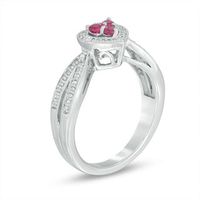 Lab-Created Ruby and Diamond Accent Three Stone Heart Split Shank Ring in Sterling Silver|Peoples Jewellers