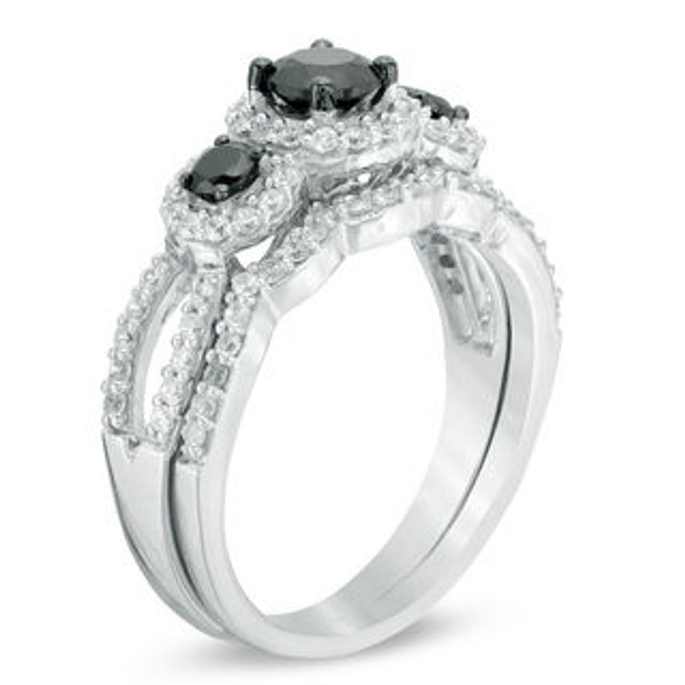 0.95 CT. T.W. Enhanced Black and White Diamond Three Stone Frame Bridal Set in 10K White Gold|Peoples Jewellers