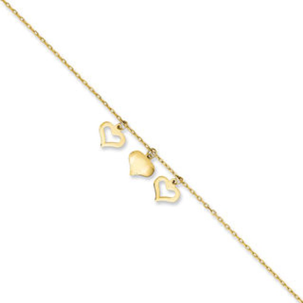 Triple Heart Dangle Adjustable Anklet in 14K Gold - 10"|Peoples Jewellers