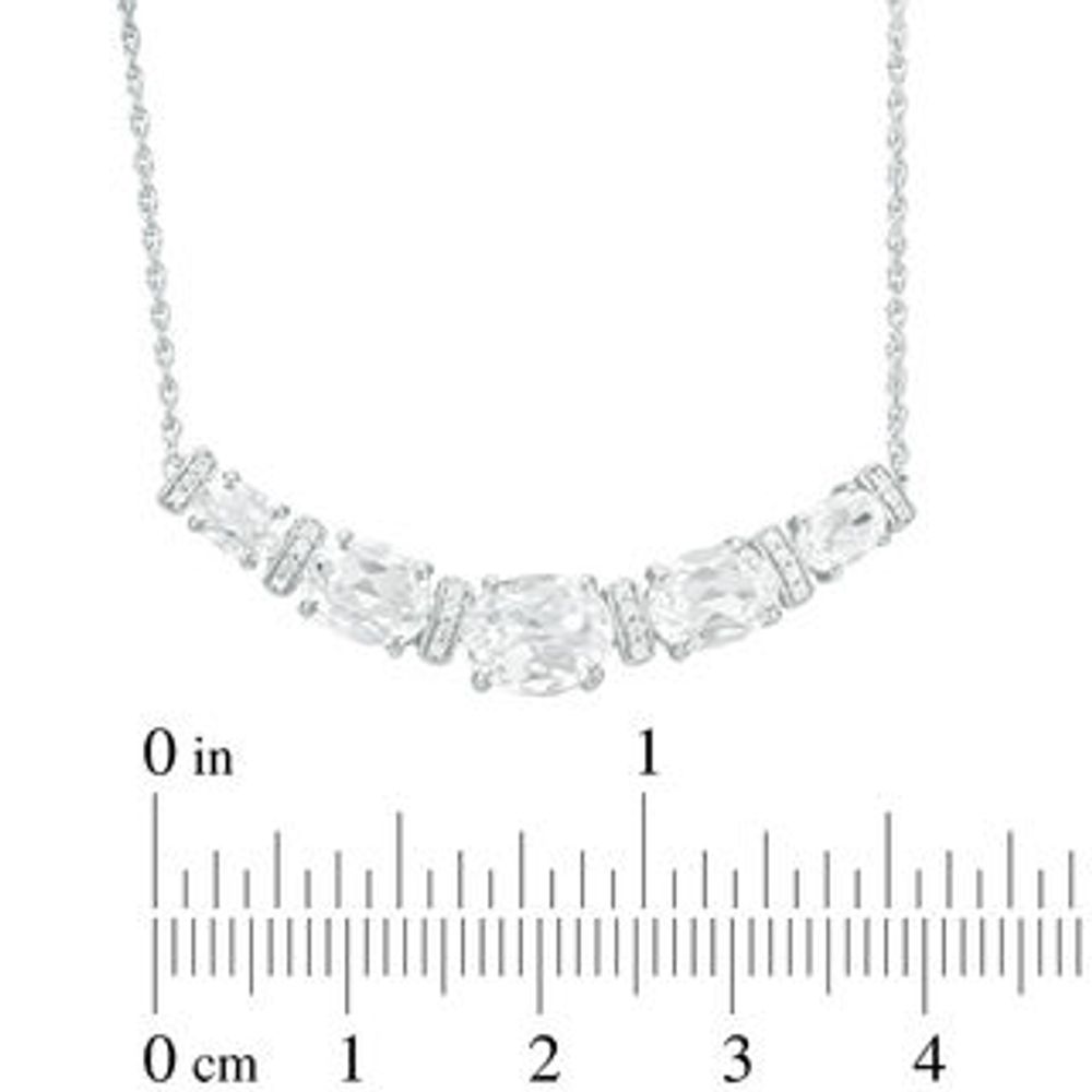 Oval Lab-Created White Sapphire and 0.09 CT. T.W. Diamond Graduated Five Stone Necklace in Sterling Silver|Peoples Jewellers