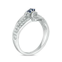 Lab-Created Blue Sapphire and 0.23 CT. T.W. Diamond Three Stone Split Shank Ring in Sterling Silver|Peoples Jewellers