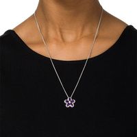 Pear-Shaped Amethyst and Lab-Created White Sapphire Flower Bolo Pendant in Sterling Silver - 30"|Peoples Jewellers