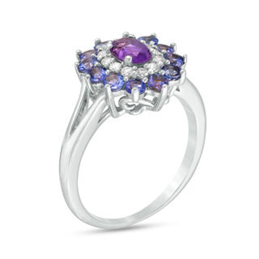 Oval Amethyst, Tanzanite and Lab-Created White Sapphire Double Floral Frame Ring in Sterling Silver|Peoples Jewellers