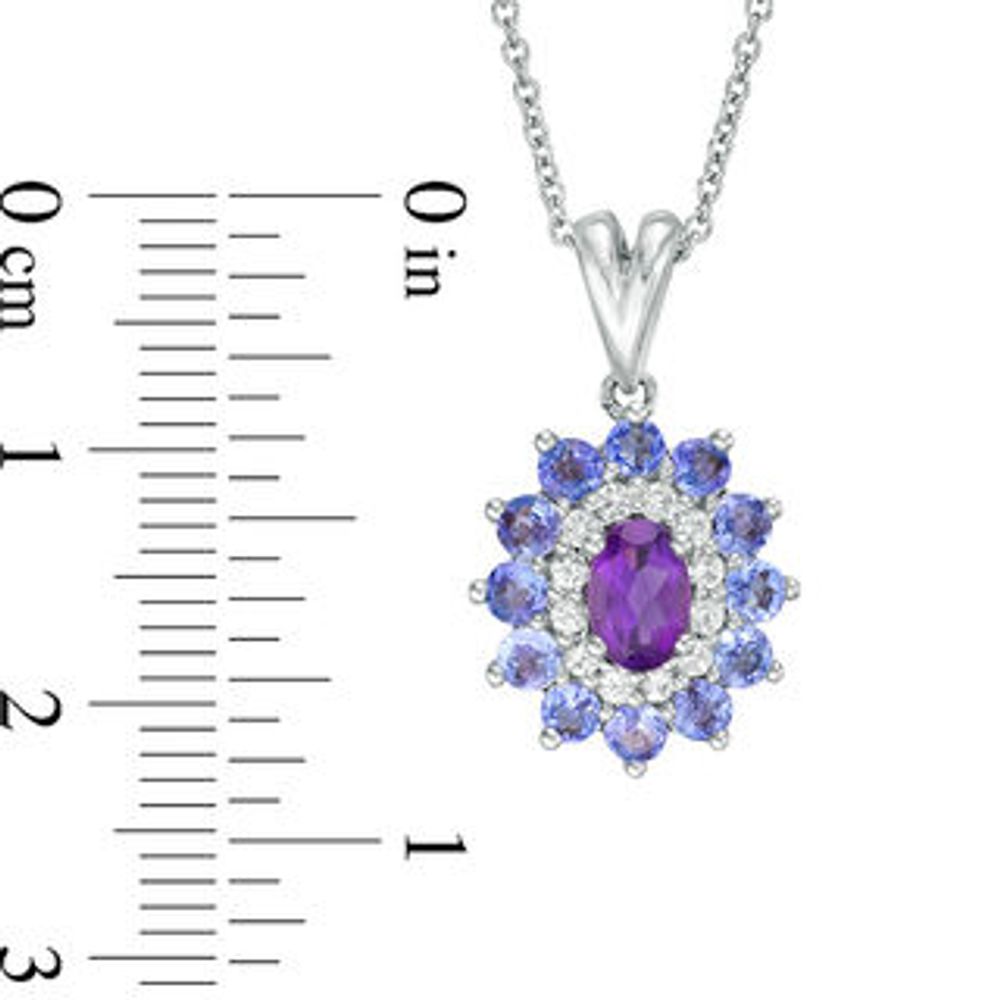 Oval Amethyst, Tanzanite and Lab-Created White Sapphire Double Floral Frame Pendant in Sterling Silver|Peoples Jewellers