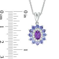 Oval Amethyst, Tanzanite and Lab-Created White Sapphire Double Floral Frame Pendant in Sterling Silver|Peoples Jewellers