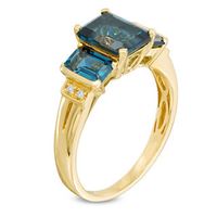 Emerald-Cut London Blue Topaz and Diamond Accent Collar Three Stone Ring in 10K Gold|Peoples Jewellers