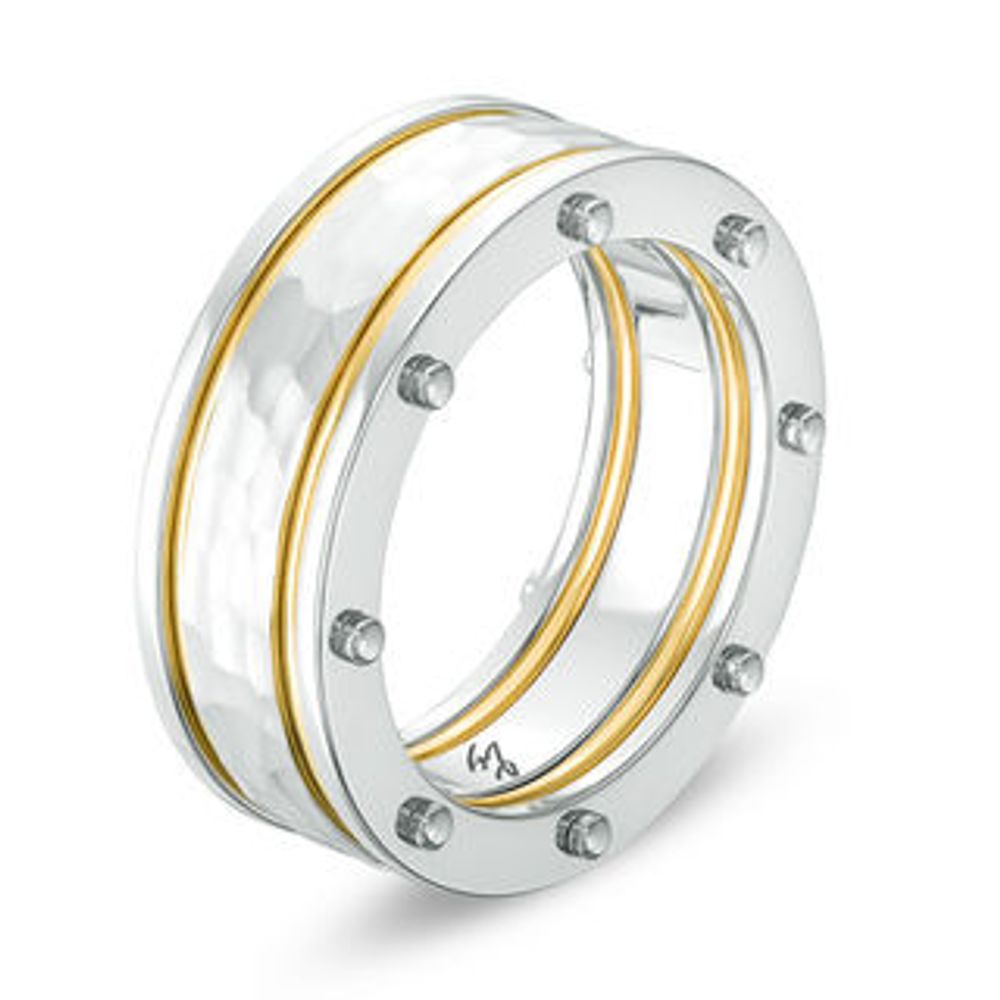 Men's 8.0mm Hammered Centre Yellow IP Stripes Riveted Wedding Band in Stainless Steel - Size 10|Peoples Jewellers