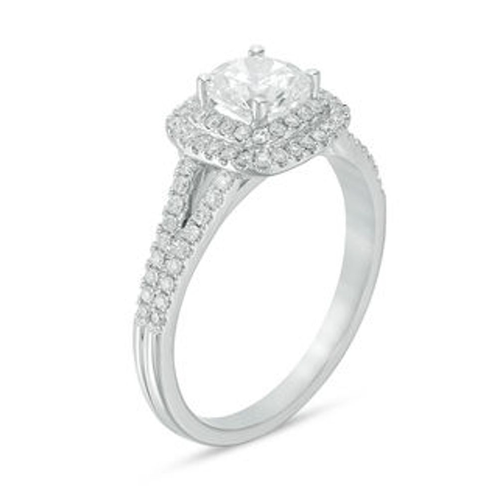 1.00 CT. T.W. Certified Canadian Diamond Double Cushion Frame Engagement Ring in Platinum (H/VS2)|Peoples Jewellers