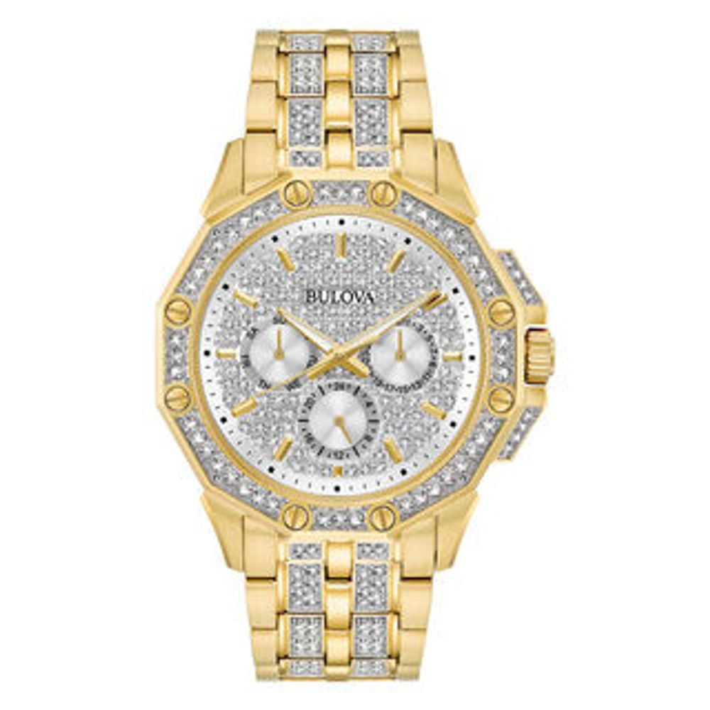 Men's Bulova Crystal Accent Gold-Tone Watch with Silver-Tone Dial (Model: 98C126)|Peoples Jewellers