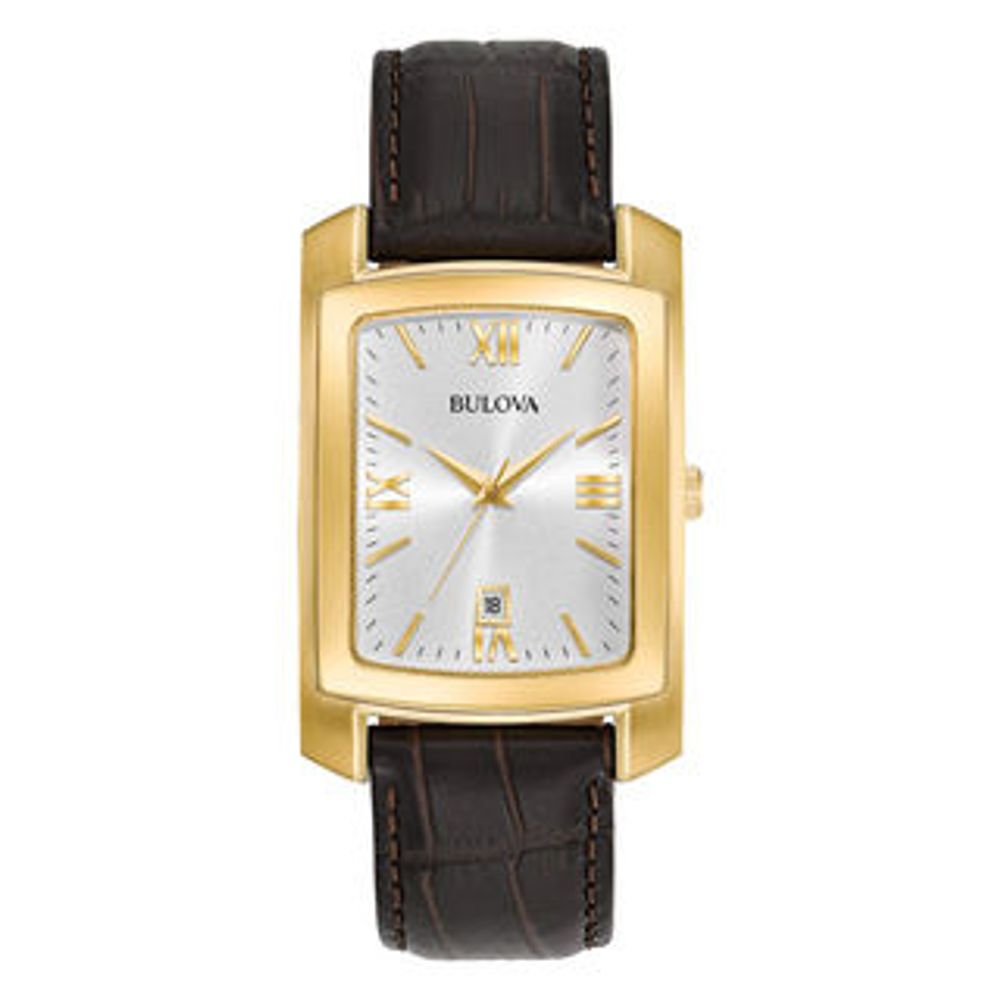 Men's Bulova Classic Collection Gold-Tone Strap Watch with Rectangular Ivory Dial (Model: 97B162)|Peoples Jewellers