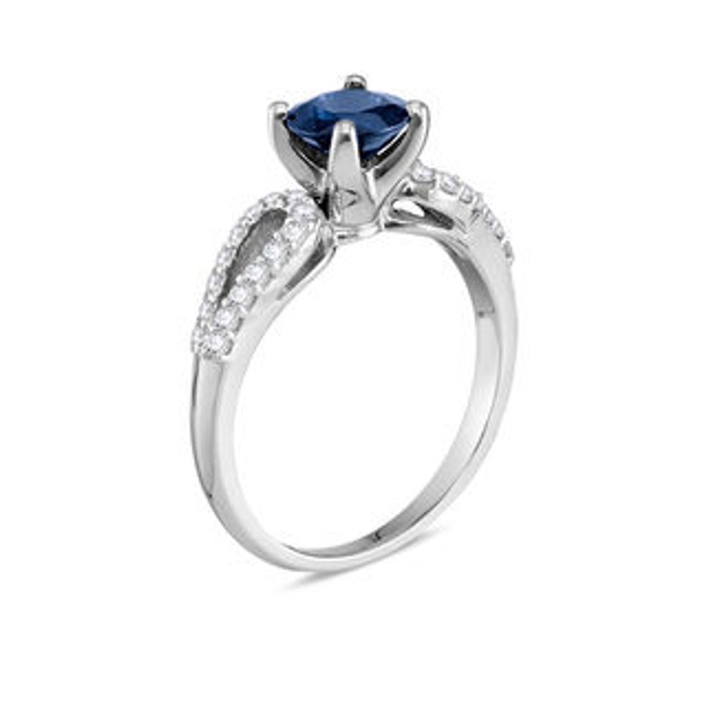 6.5mm Blue Sapphire and 0.24 CT. T.W. Diamond Split Shank Ring in 10K White Gold|Peoples Jewellers