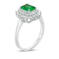 Emerald-Cut Lab-Created Emerald and White Sapphire Sunburst Frame Ring in Sterling Silver|Peoples Jewellers