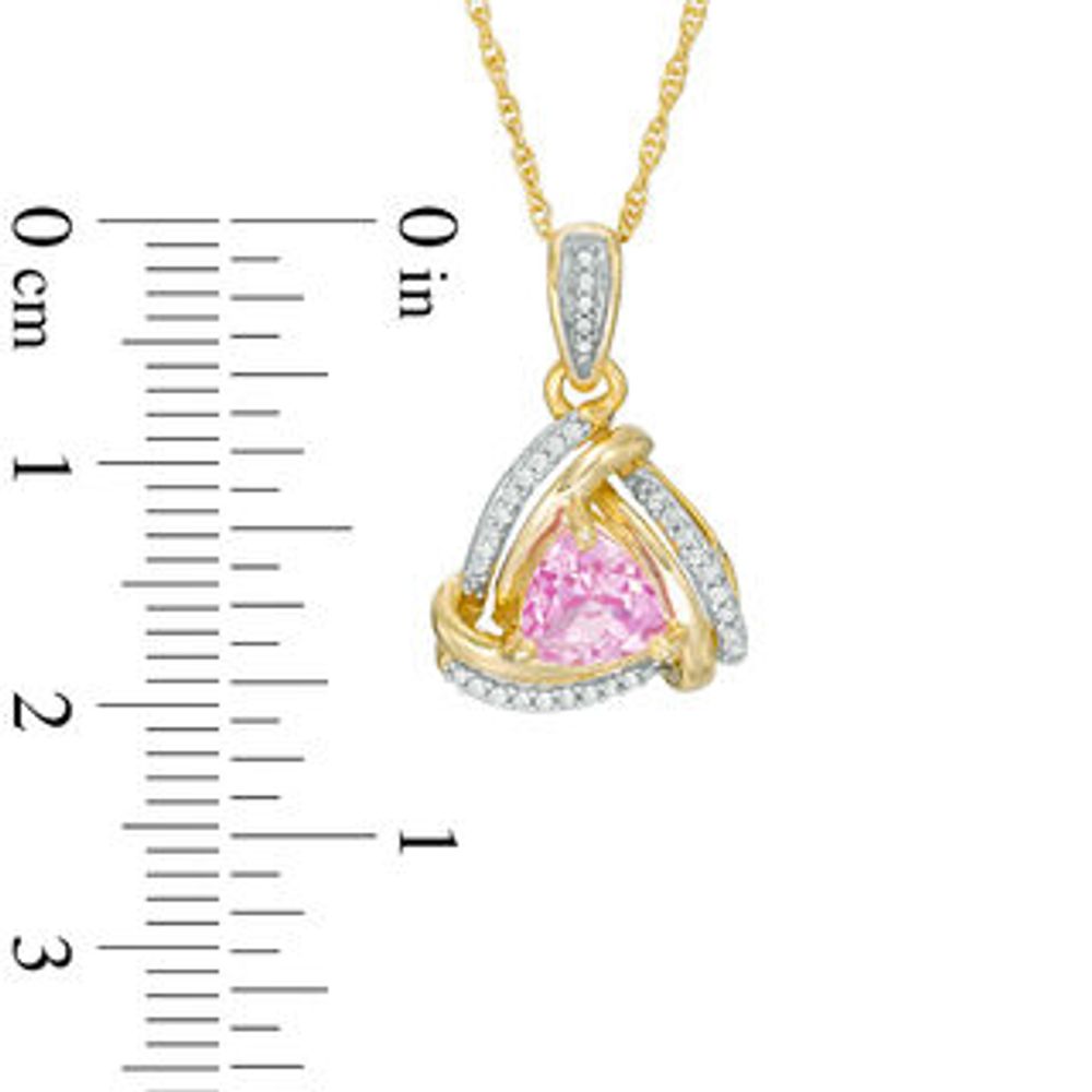 6.0mm Trillion-Cut Lab-Created Pink Sapphire and Diamond Accent Swirl Frame Pendant in 10K Gold|Peoples Jewellers