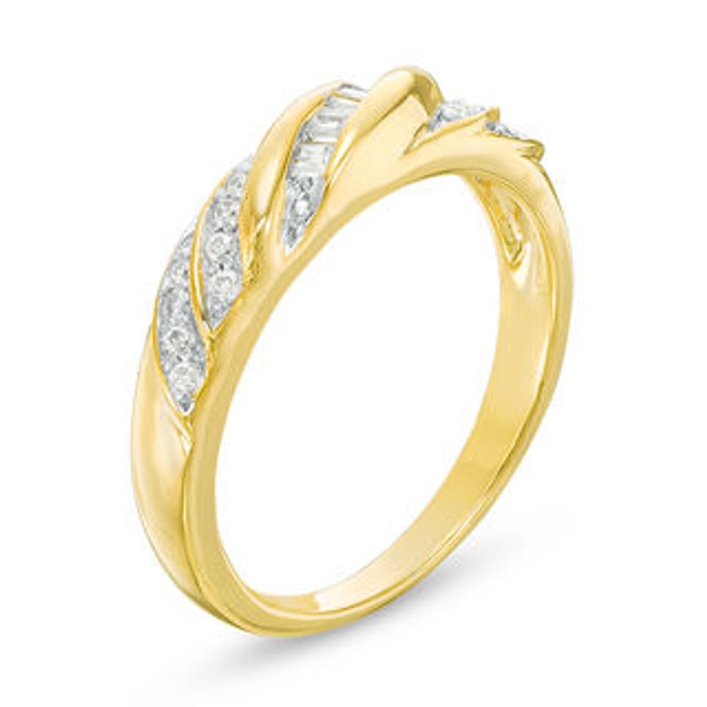 0.15 CT. T.W. Baguette and Round Diamond Twist Slant Anniversary Band in 10K Gold|Peoples Jewellers