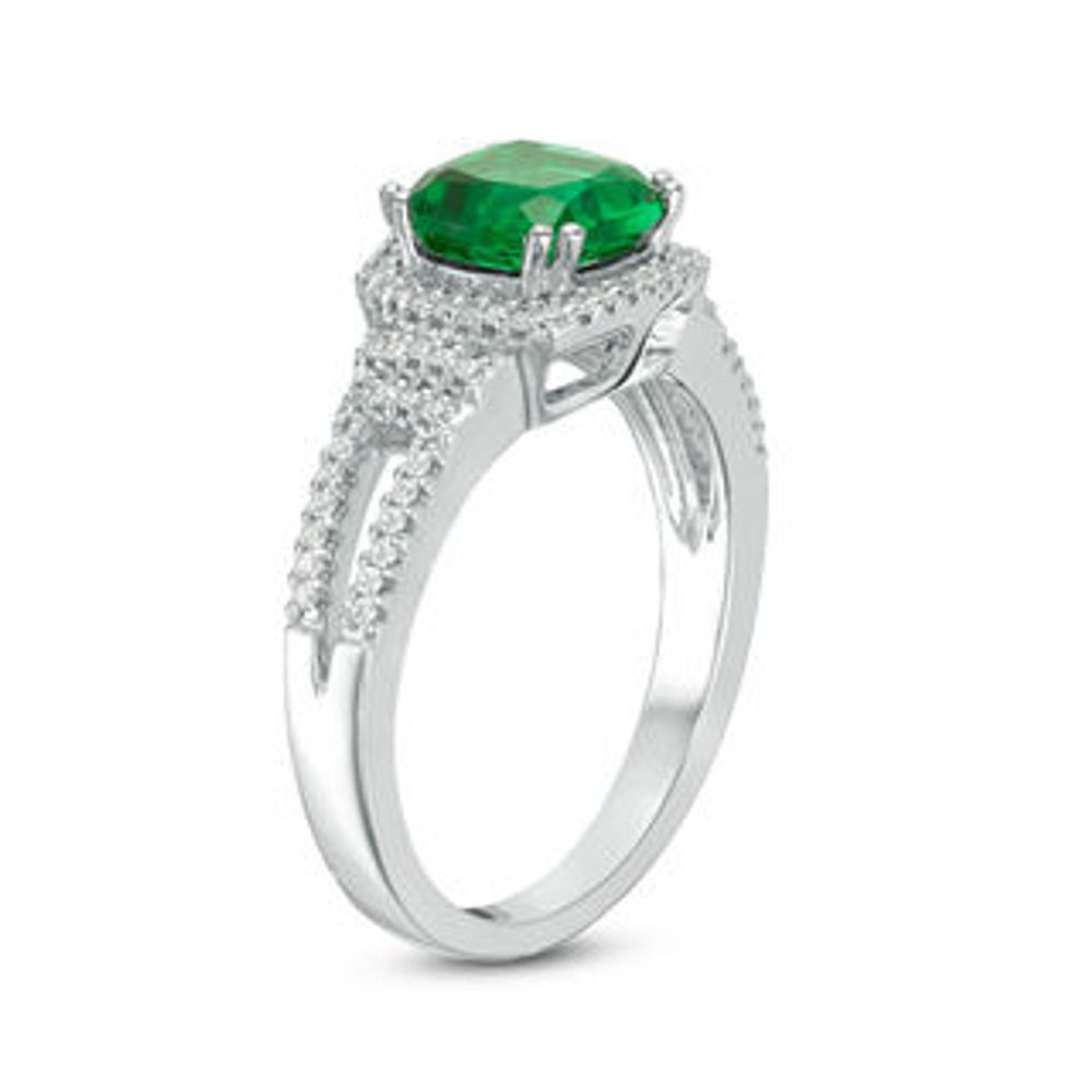 7.0mm Cushion-Cut Lab-Created Emerald and 0.18 CT. T.W. Diamond Collar Engagement Ring in Sterling Silver|Peoples Jewellers