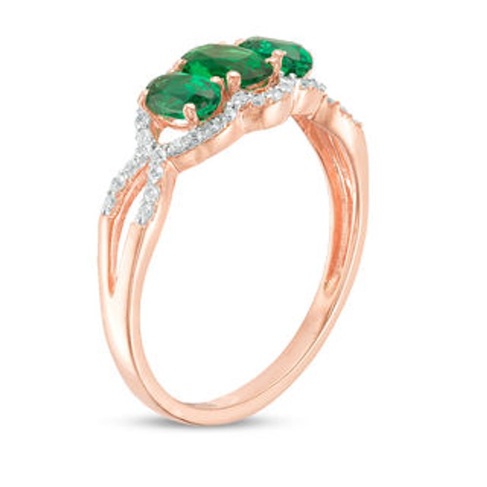 Oval Lab-Created Emerald and 0.15 CT. T.W. Diamond Frame Three Stone Engagement Ring in 10K Rose Gold|Peoples Jewellers