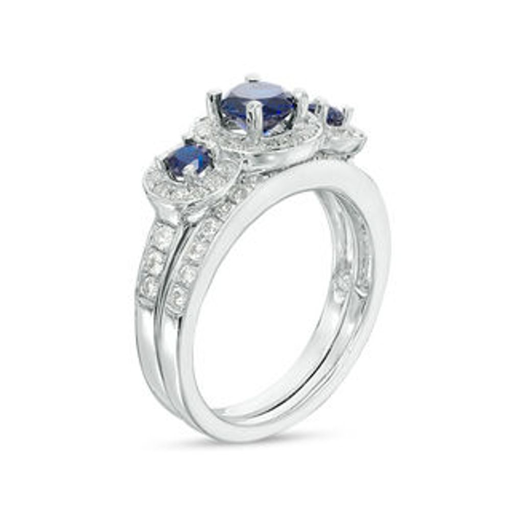 Lab-Created Blue and White Sapphire Frame Three Stone Bridal Set in 10K White Gold|Peoples Jewellers